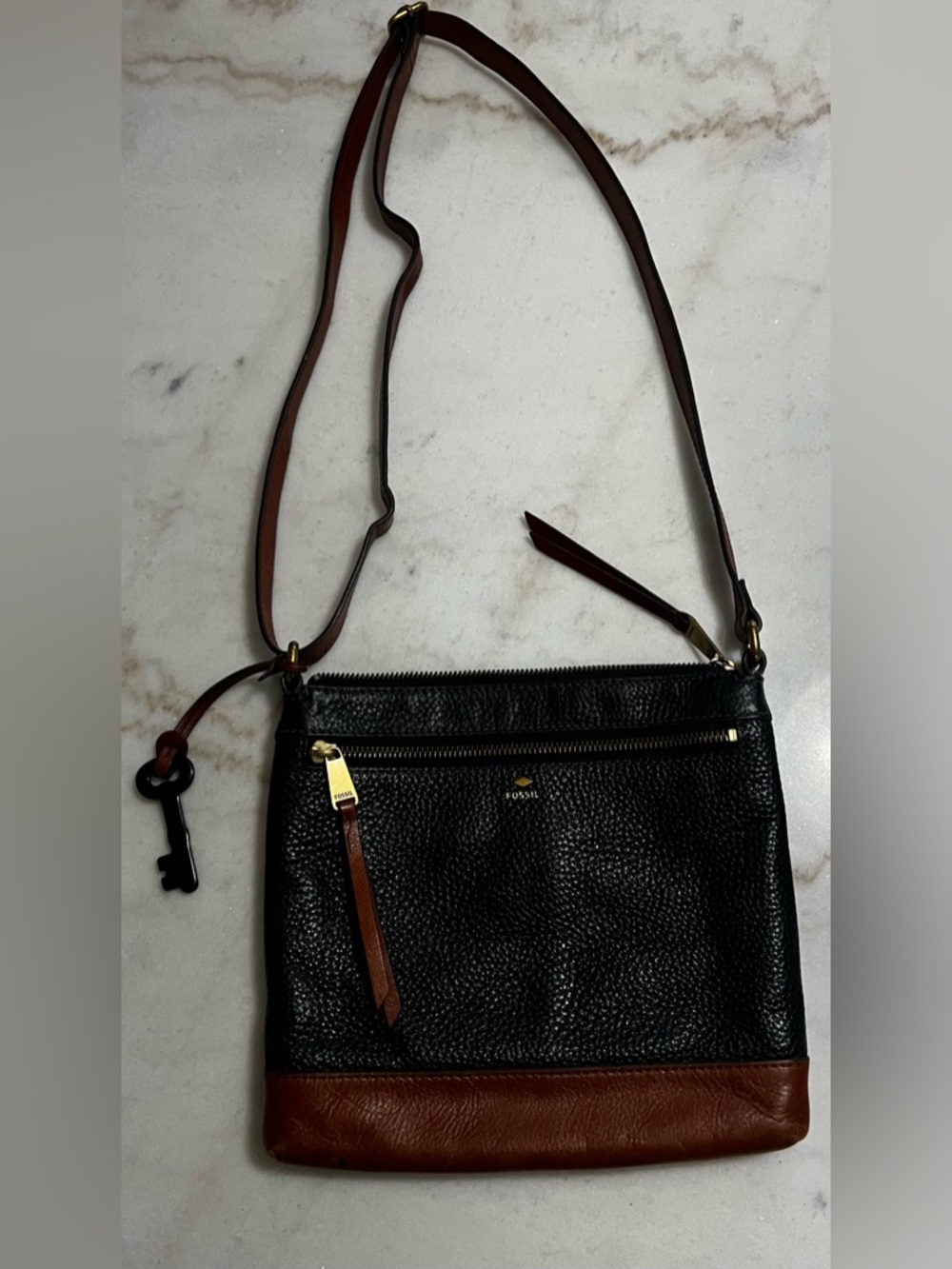 Fossil Tinsley Crossbody Handbag Black Brown Pebbled Leather Adjustable Strap
